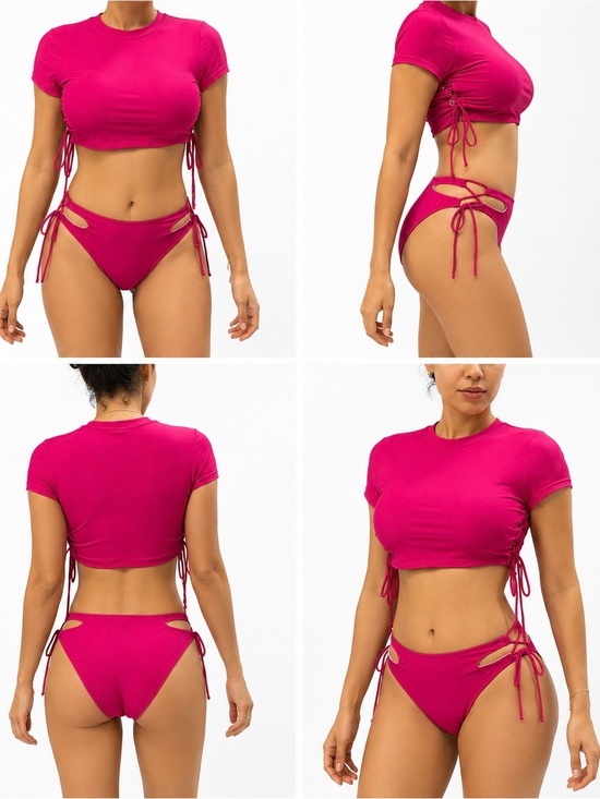 SHEIN Other - SHEIN Hot Pink Short Sleeve Tie-Side Bikini Set
